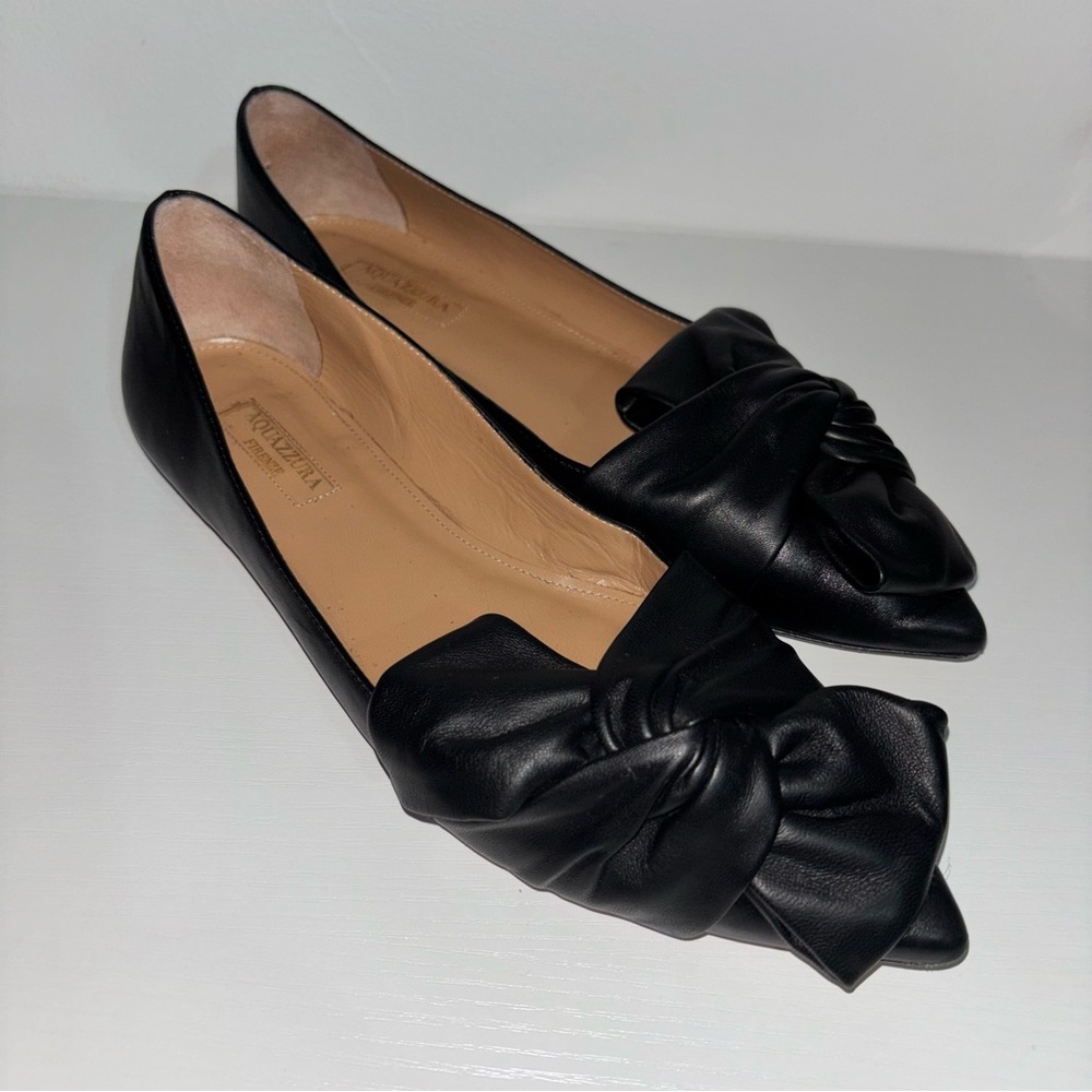 Aquazzura Black Leather Flats with Bow - Picture 1 of 10